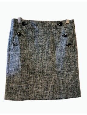 ANN TAYLOR Mini Skirt Black Gray Size 2P Front Sailor Accent Buttons Back Zip
